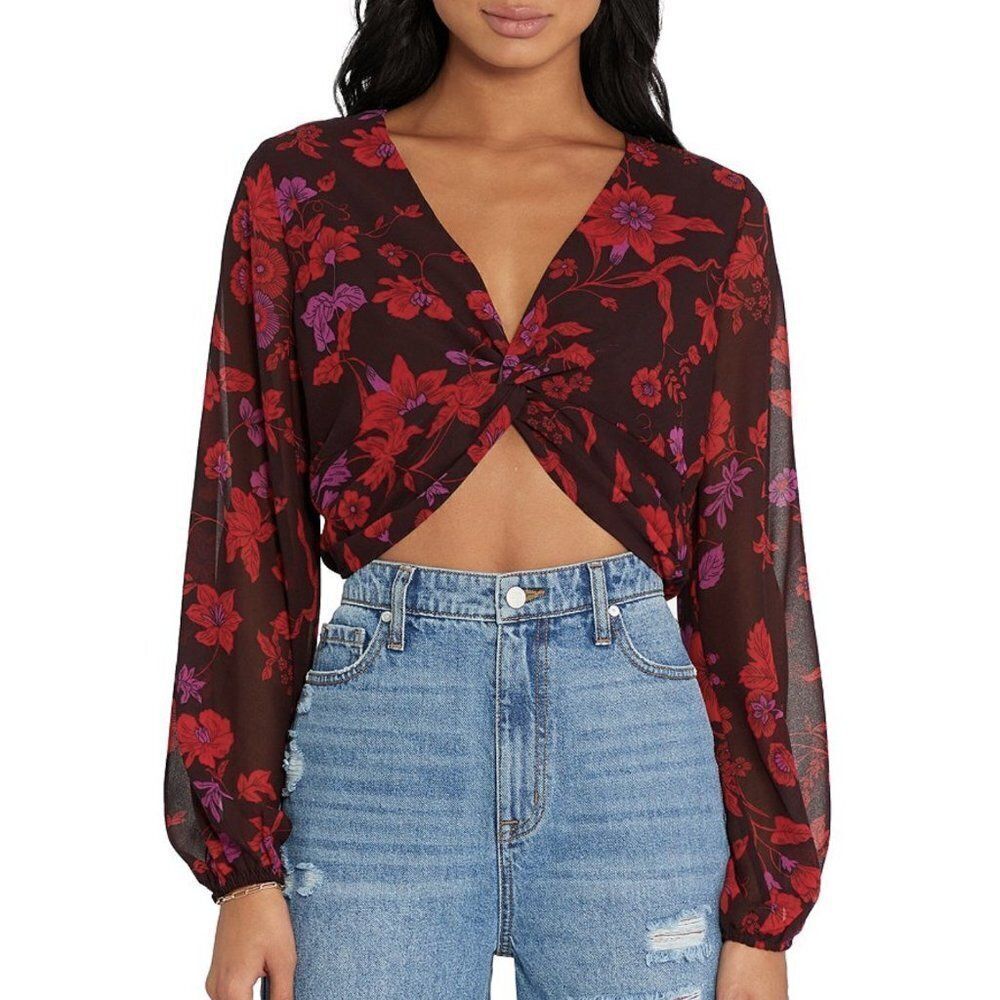 NWT Sanctuary Floral Chiffon Twist Front Crop Top w/ Balloon Sleeves